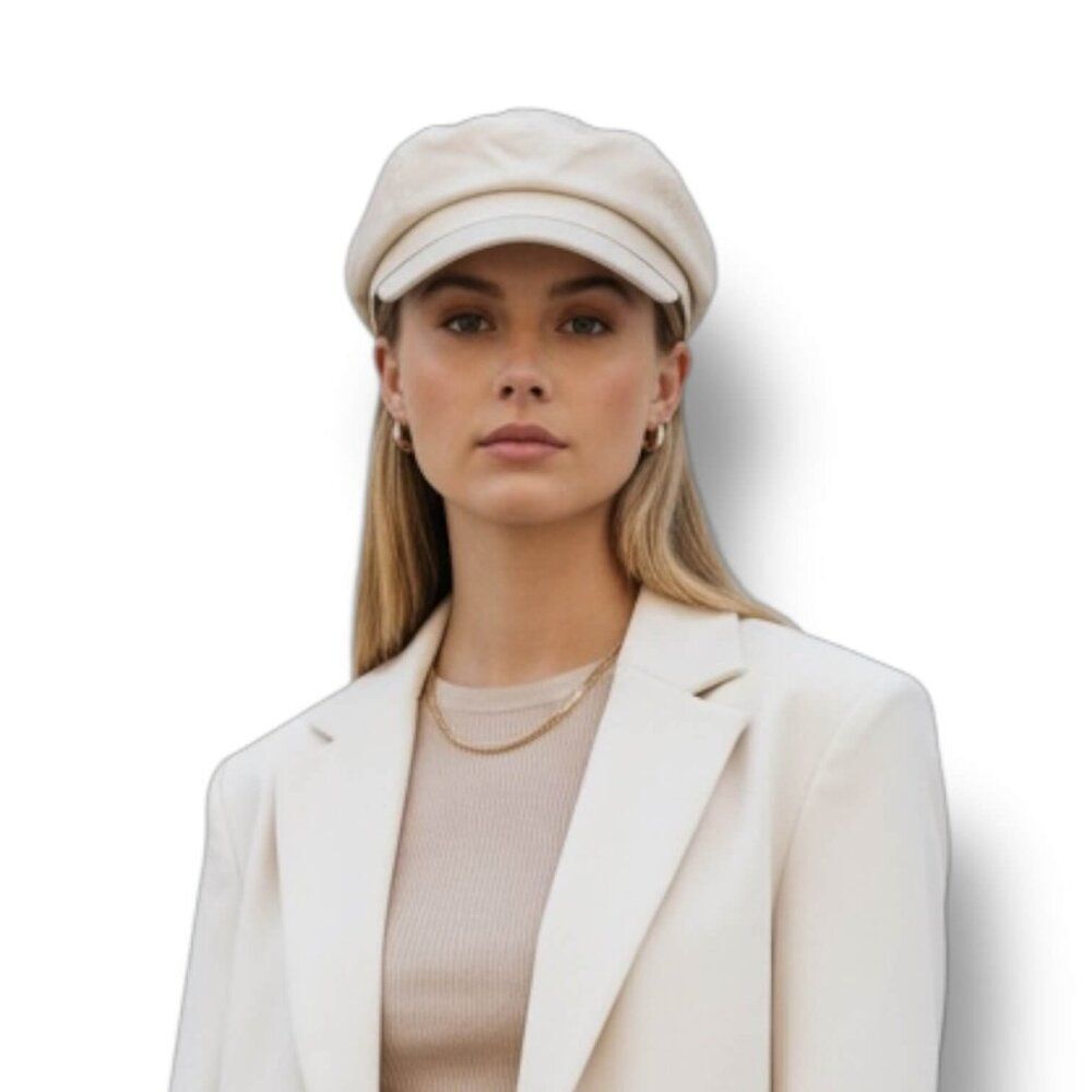 Ivory Beige Faux Leather Newsboy Cap